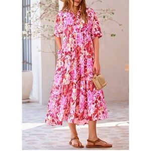 Floral Pink Tiered Maxi Dress with Short Sleeves